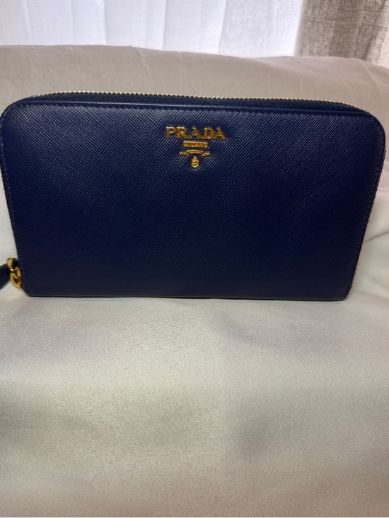 Prada Handbags - Prada Navy Saffiano Zip Wallet with Gold Logo